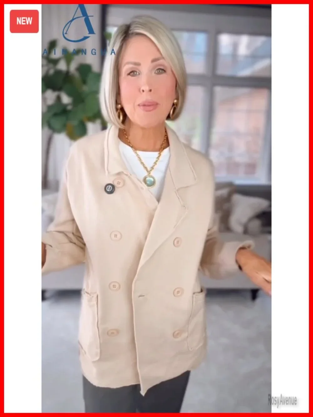 Womens Double Breasted Pea Coat Relaxed Fit Notch Lapel